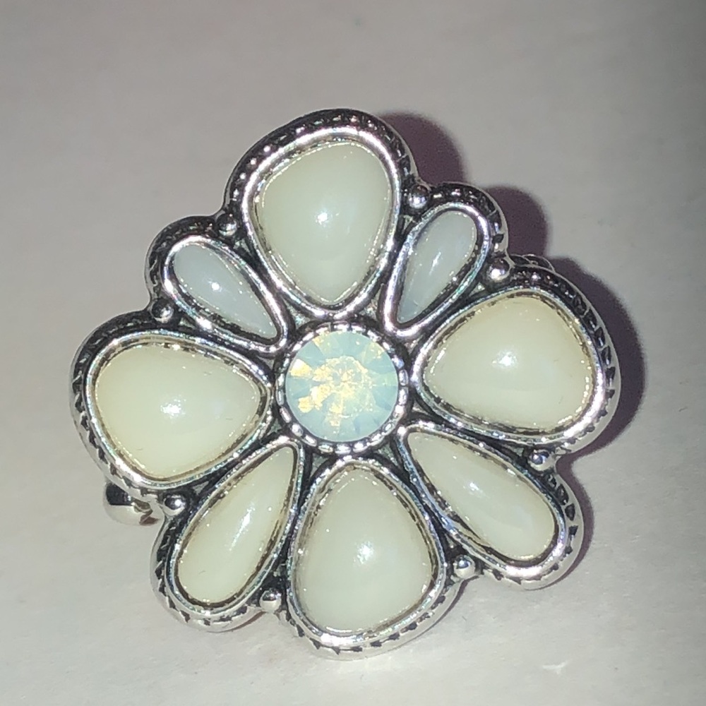 Elegant Silver Tone Opaque White Flower Statement Ring